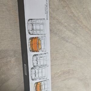 Set of Cut Glass Whiskey Tumblers - Clear with Amber Accent Crytal